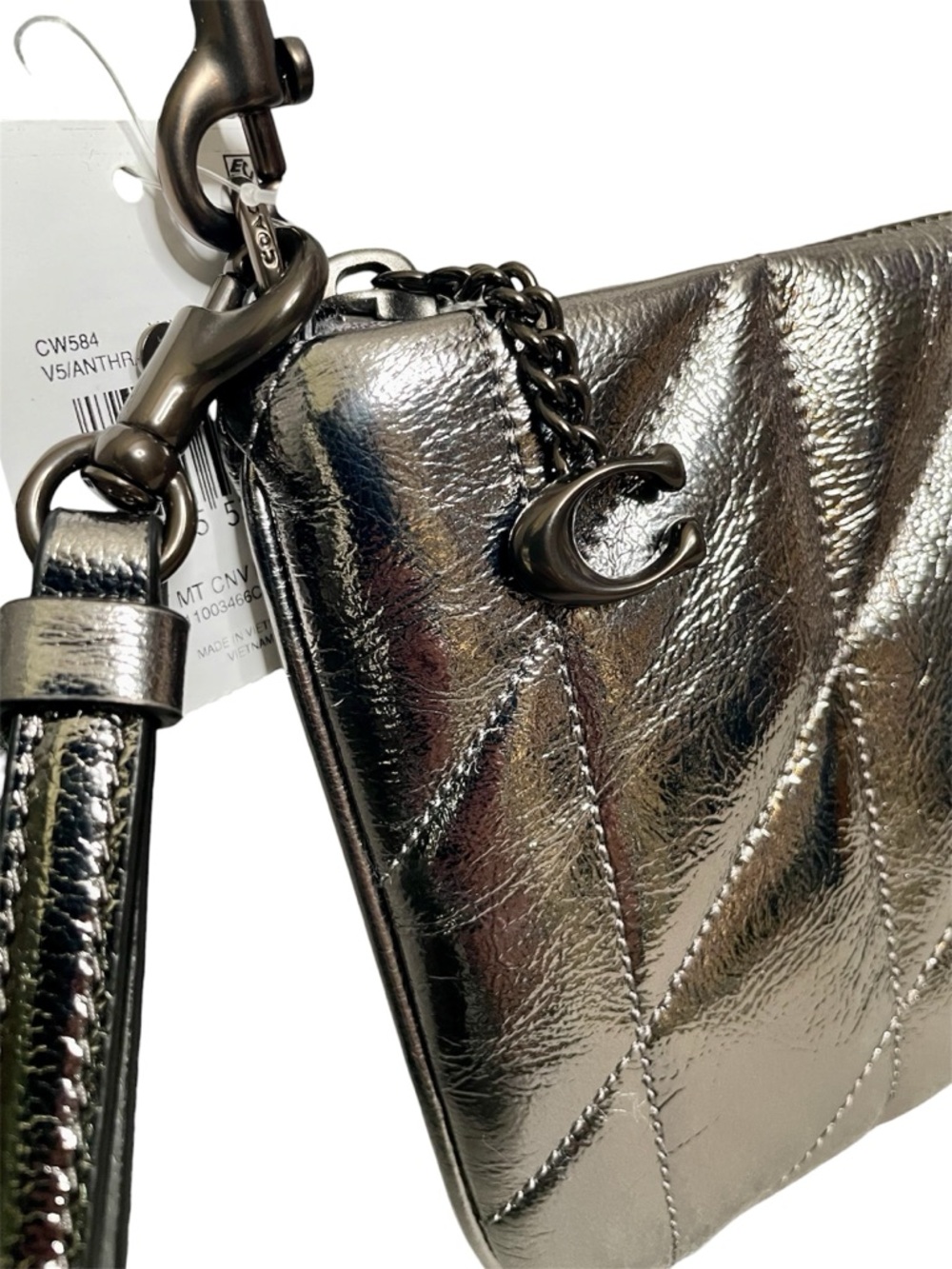 Coach Metallic Quilted 3-Way Shoulder Bag Wristlet Clutch Pewter Anthracite New! - Picture 4 of 9